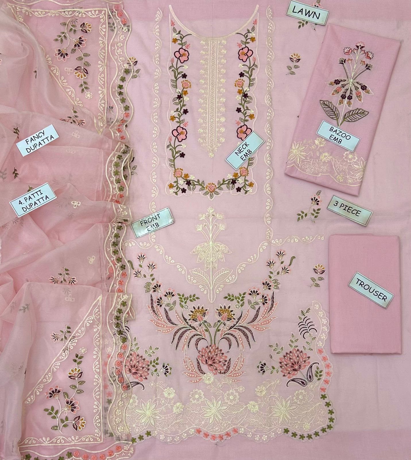 Aneela Embroidered Lawn 3-Piece Suit – Blush - Image 4