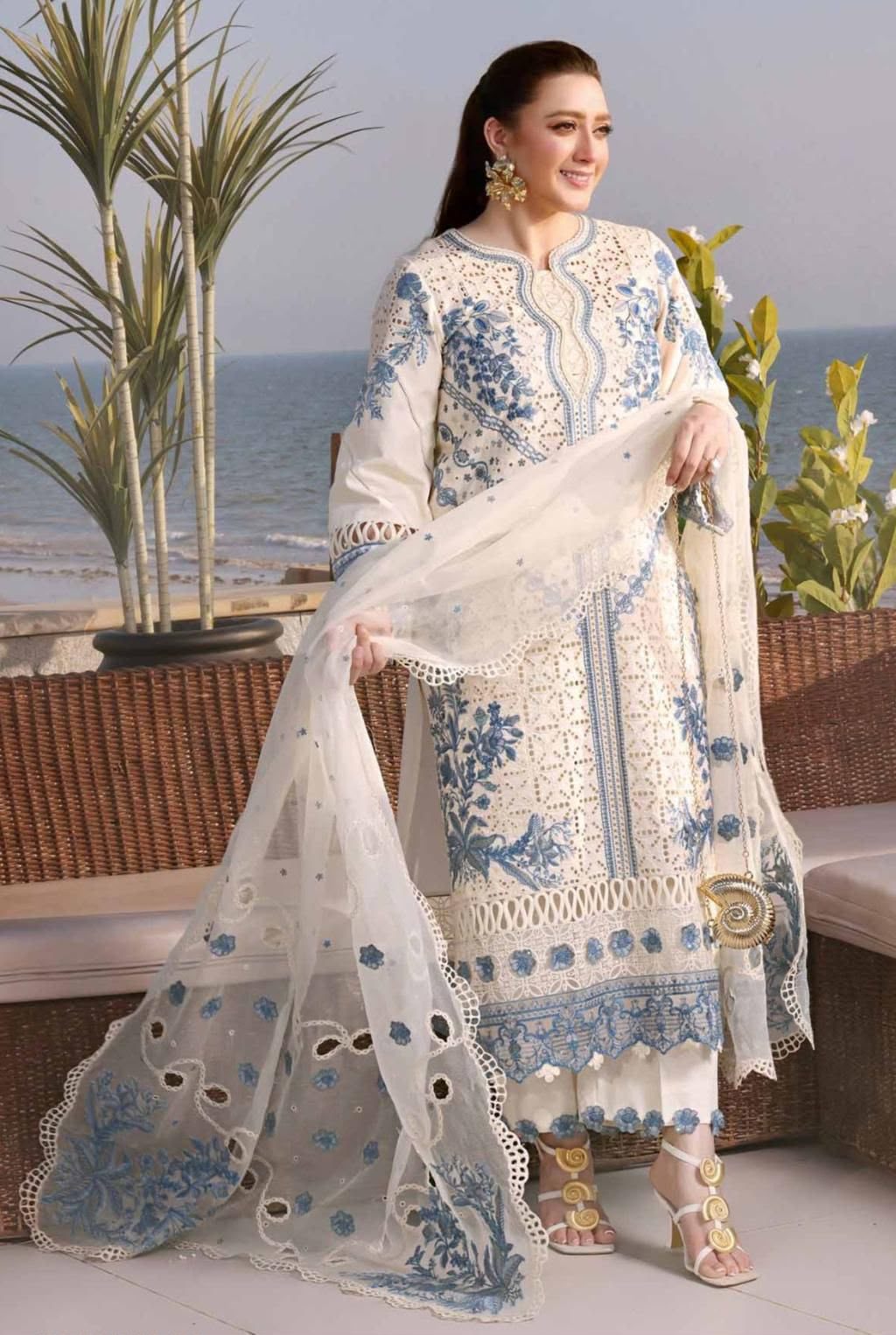 Aneela Embroidered Lawn 3-Piece Suit – Ivory Chikankari - Image 3