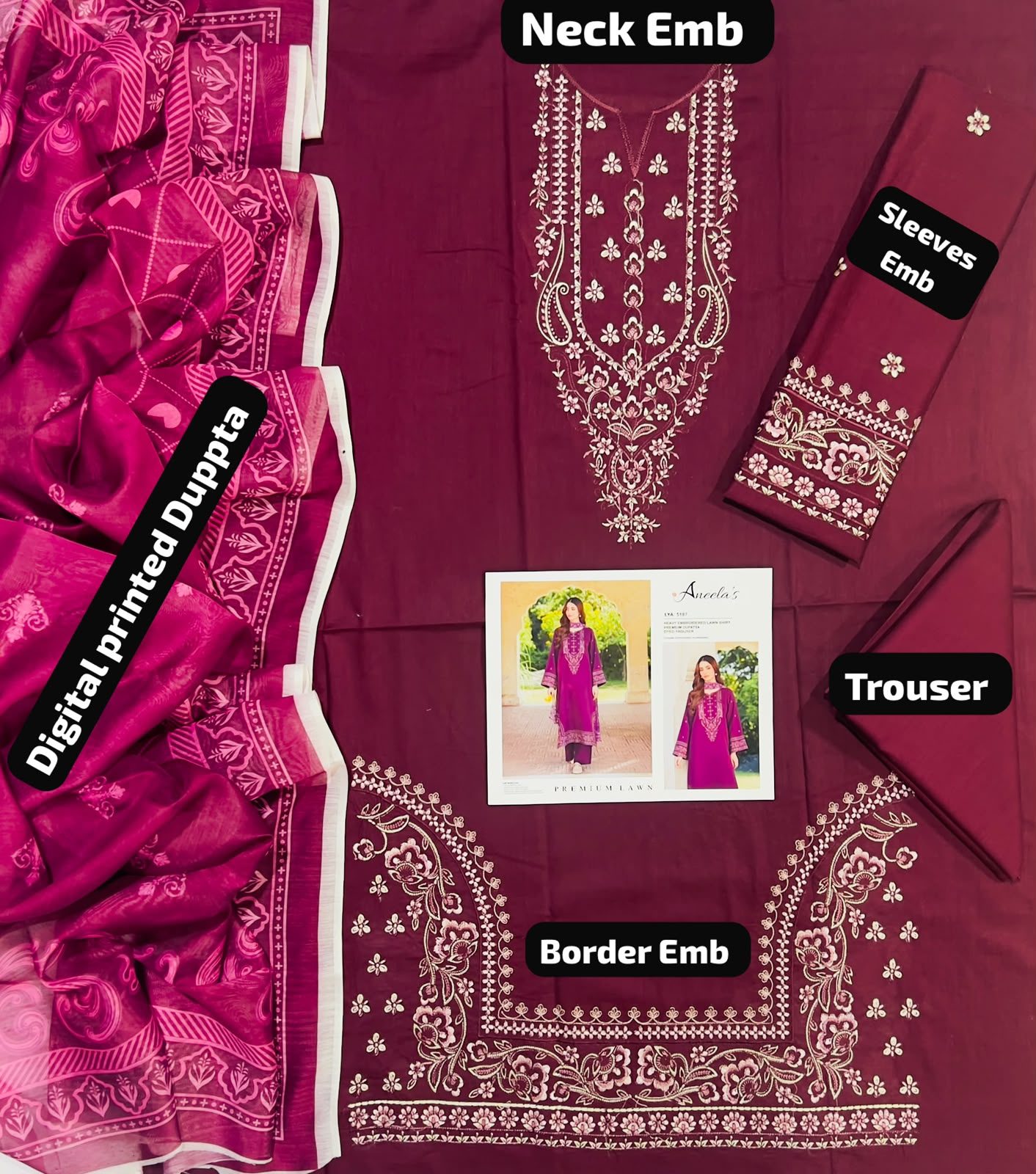 Aneela Embroidered Lawn 3-Piece Suit – Magenta - Image 4