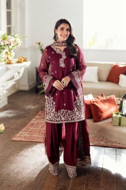 Aneela Embroidered Lawn 3-Piece Suit – Maroon