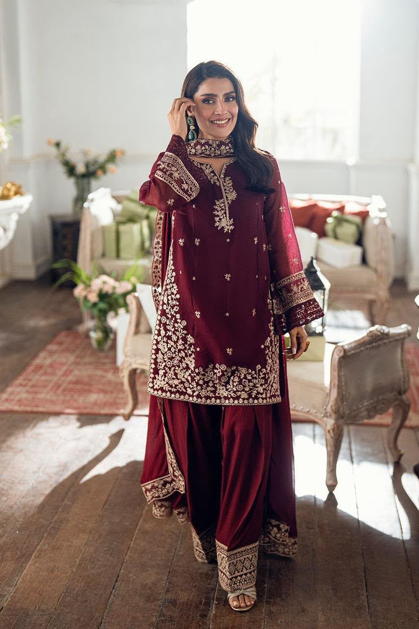 Aneela Embroidered Lawn 3-Piece Suit – Maroon - Image 2