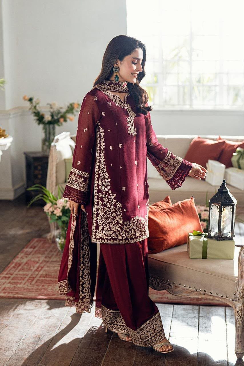 Aneela Embroidered Lawn 3-Piece Suit – Maroon - Image 3