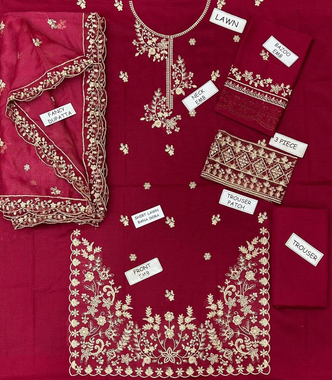 Aneela Embroidered Lawn 3-Piece Suit – Maroon - Image 4