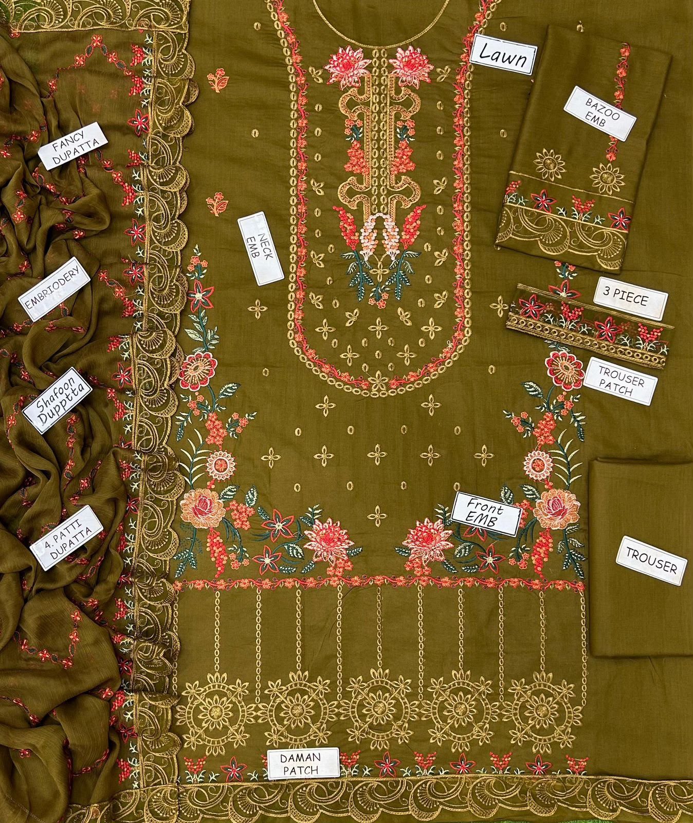 Aneela Embroidered Lawn 3-Piece Suit – Mehndi Green - Image 4