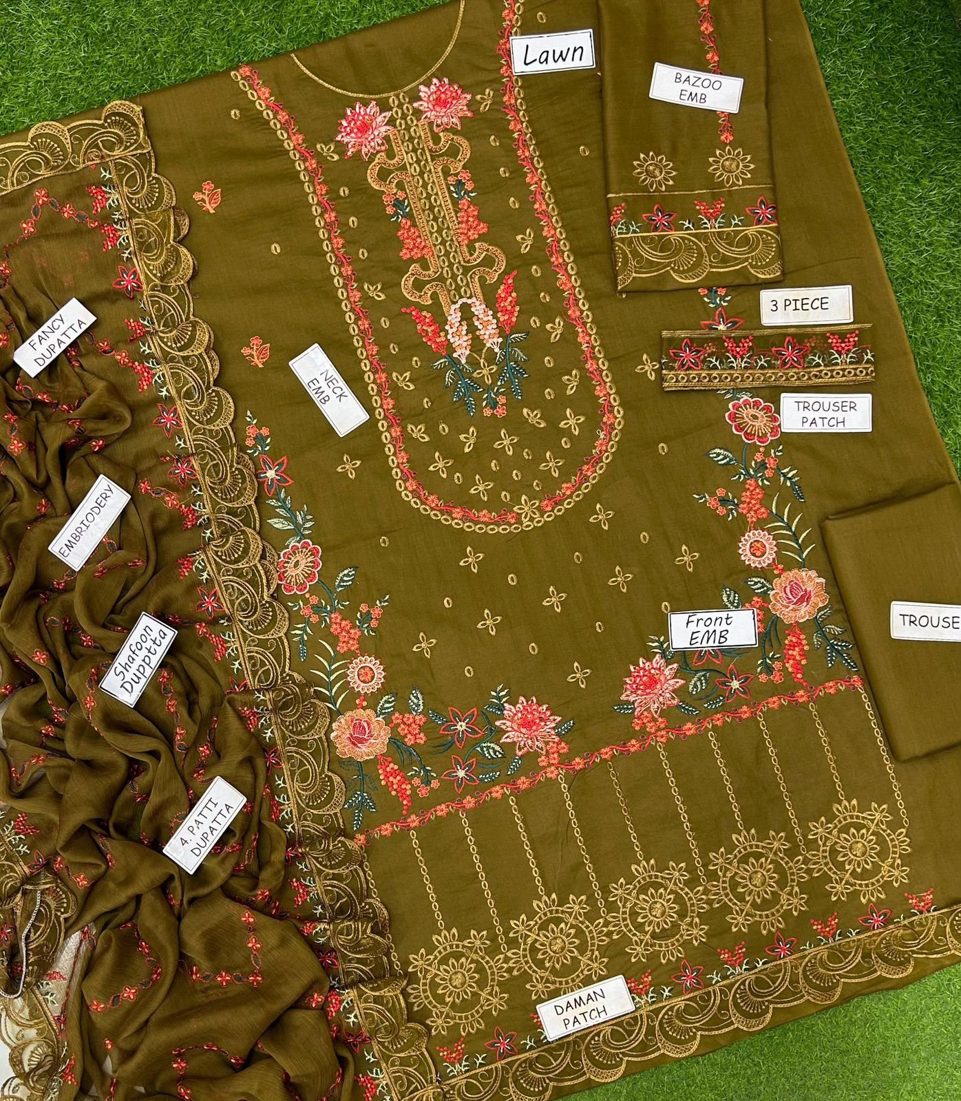 Aneela Embroidered Lawn 3-Piece Suit – Mehndi Green - Image 5