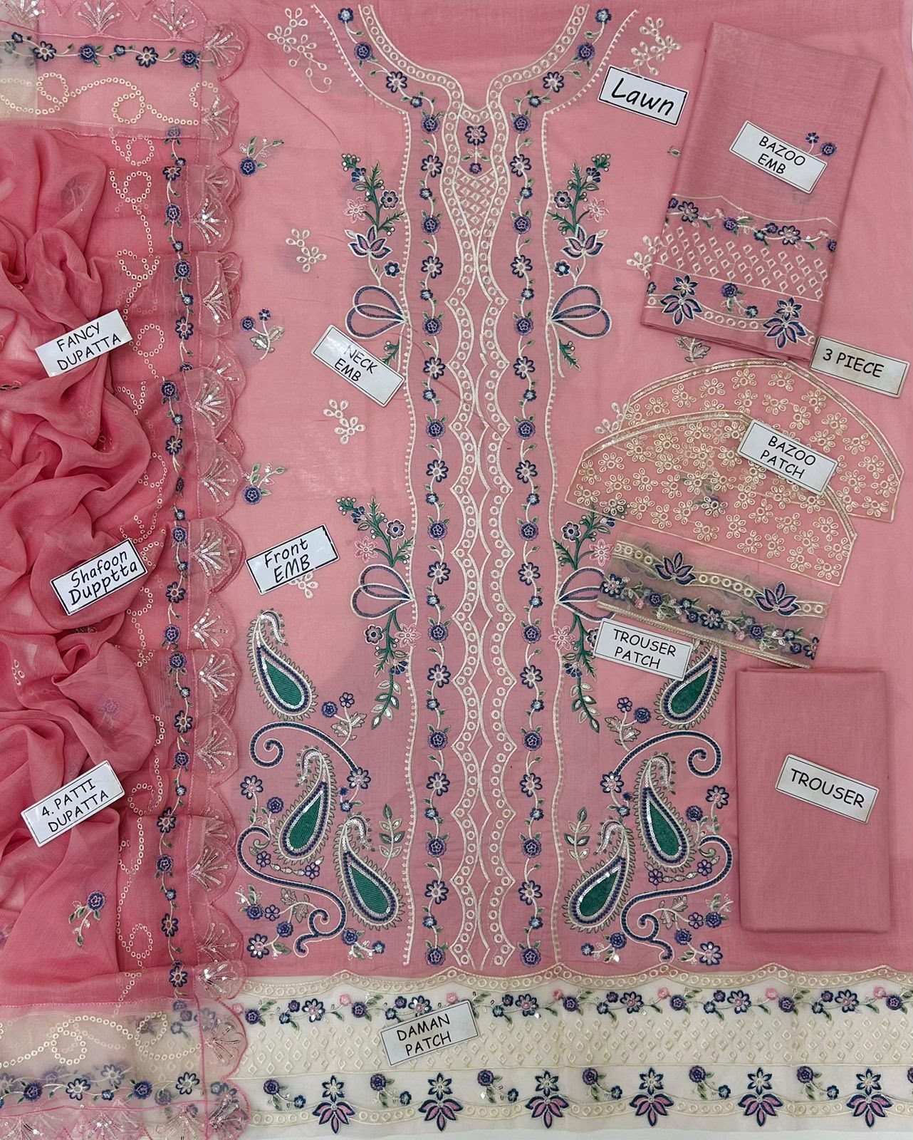Aneela Embroidered Lawn 3-Piece Suit – Rose Pink - Image 3