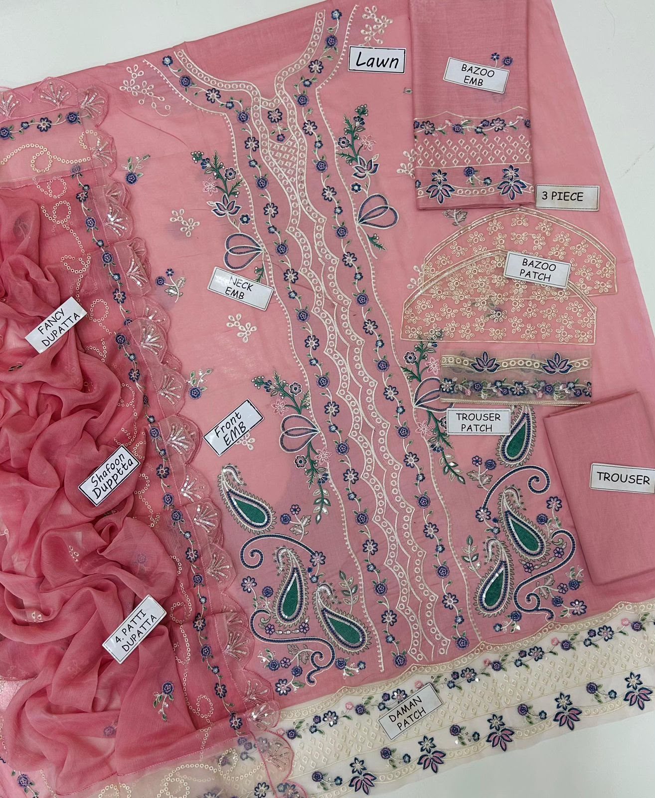 Aneela Embroidered Lawn 3-Piece Suit – Rose Pink - Image 4