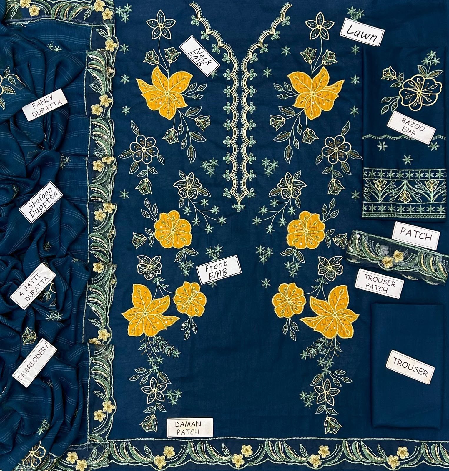 Aneela Embroidered Lawn 3-Piece Suit – Teal - Image 4