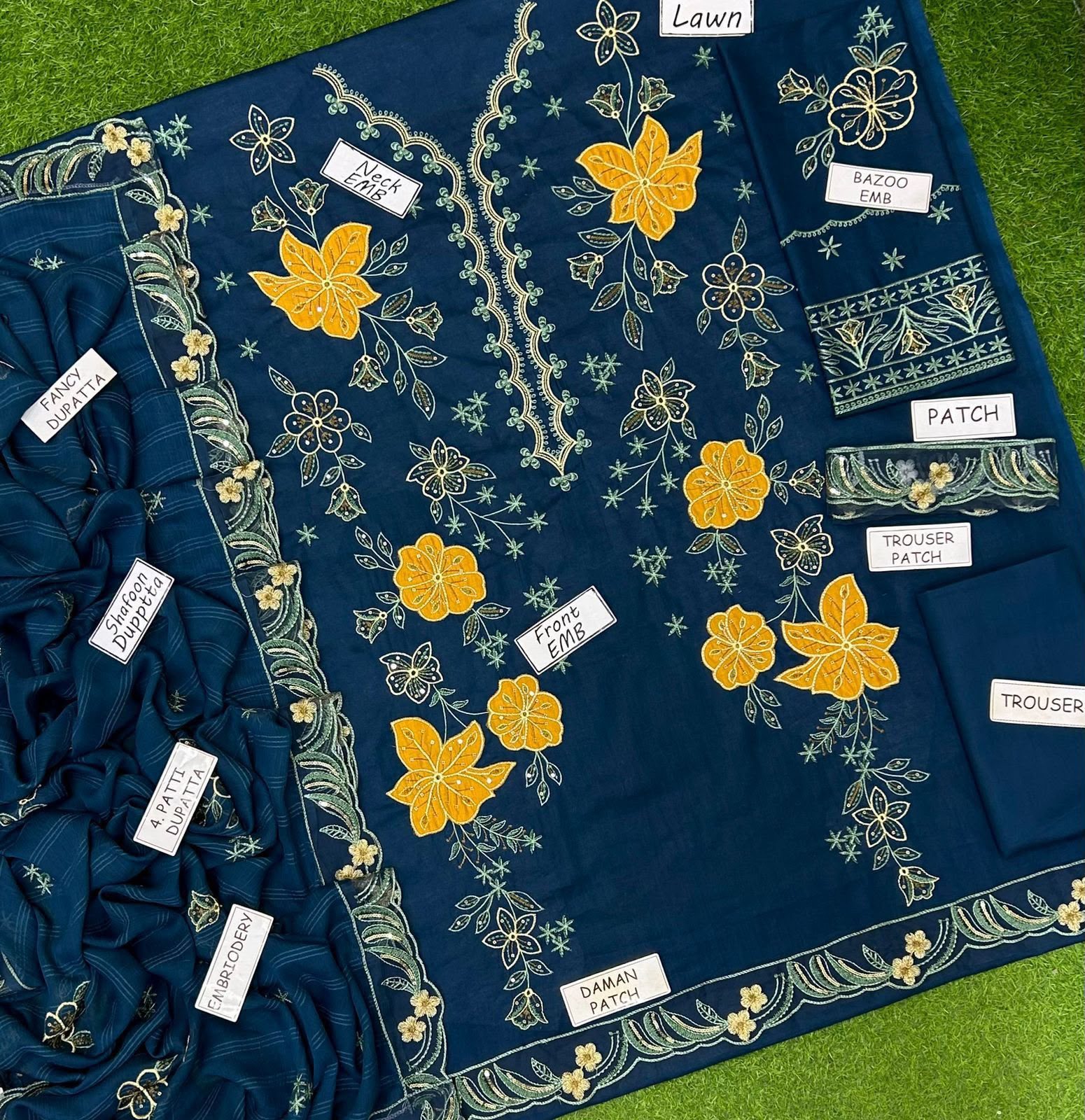 Aneela Embroidered Lawn 3-Piece Suit – Teal - Image 5
