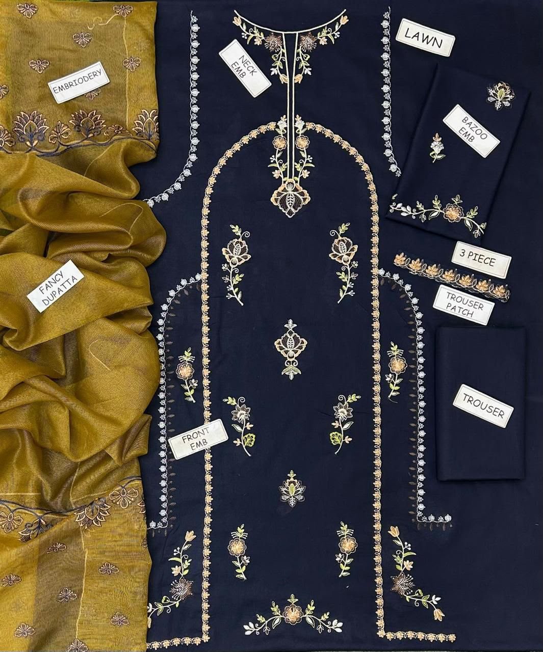 Coco by Zara Shahjahan Embroidered Lawn 3-Piece Suit – Navy - Image 3