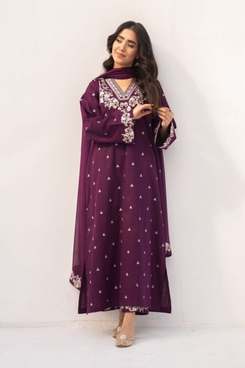 Embroidered Lawn 3-Piece Suit – Plum