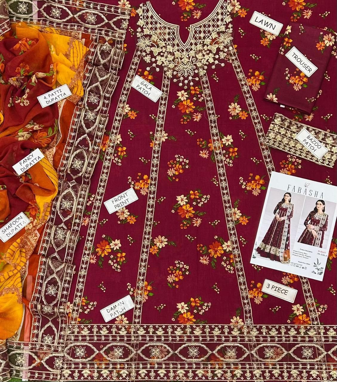Farasha Embroidered Lawn 3-Piece Suit – Maroon - Image 3