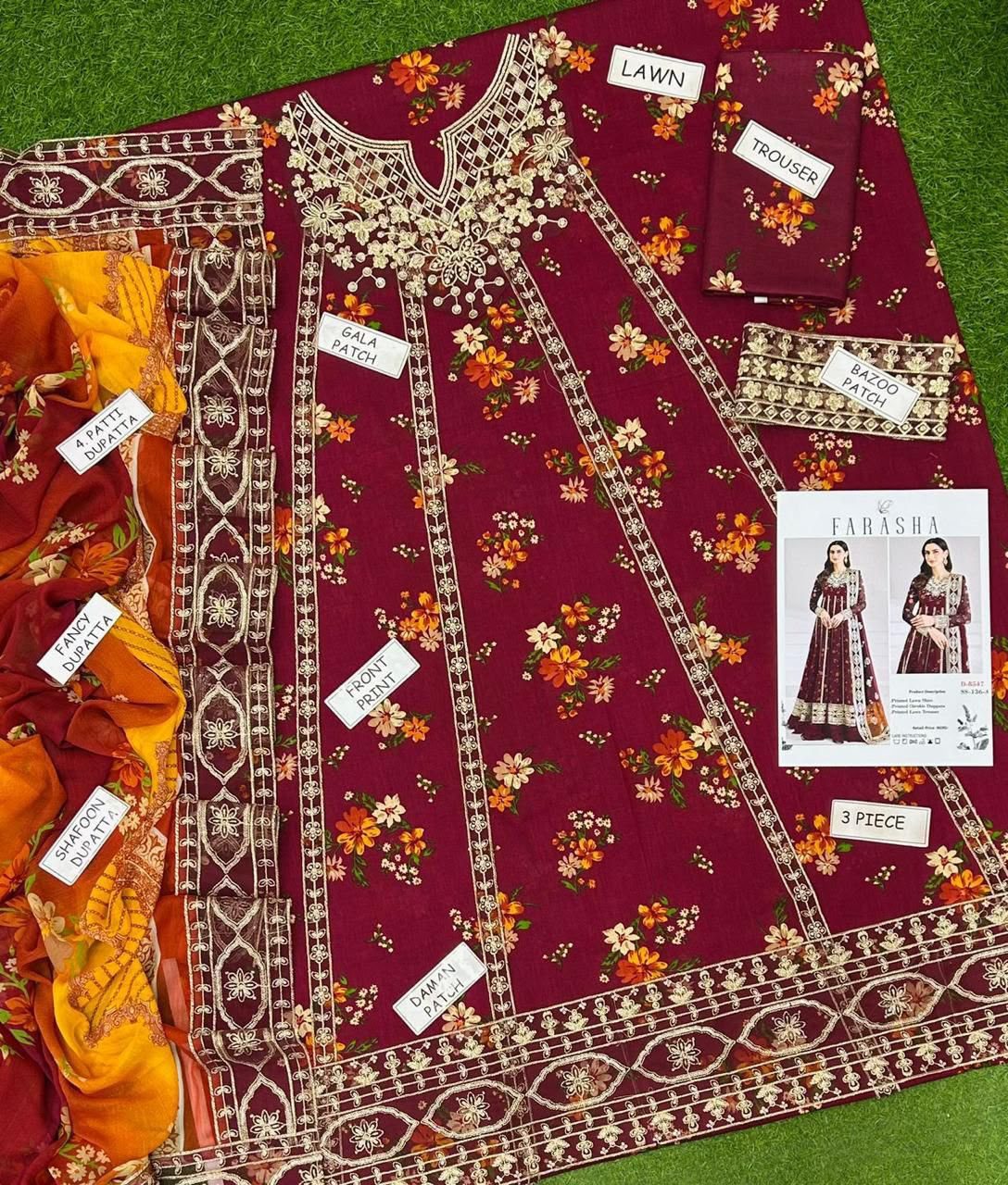 Farasha Embroidered Lawn 3-Piece Suit – Maroon - Image 4