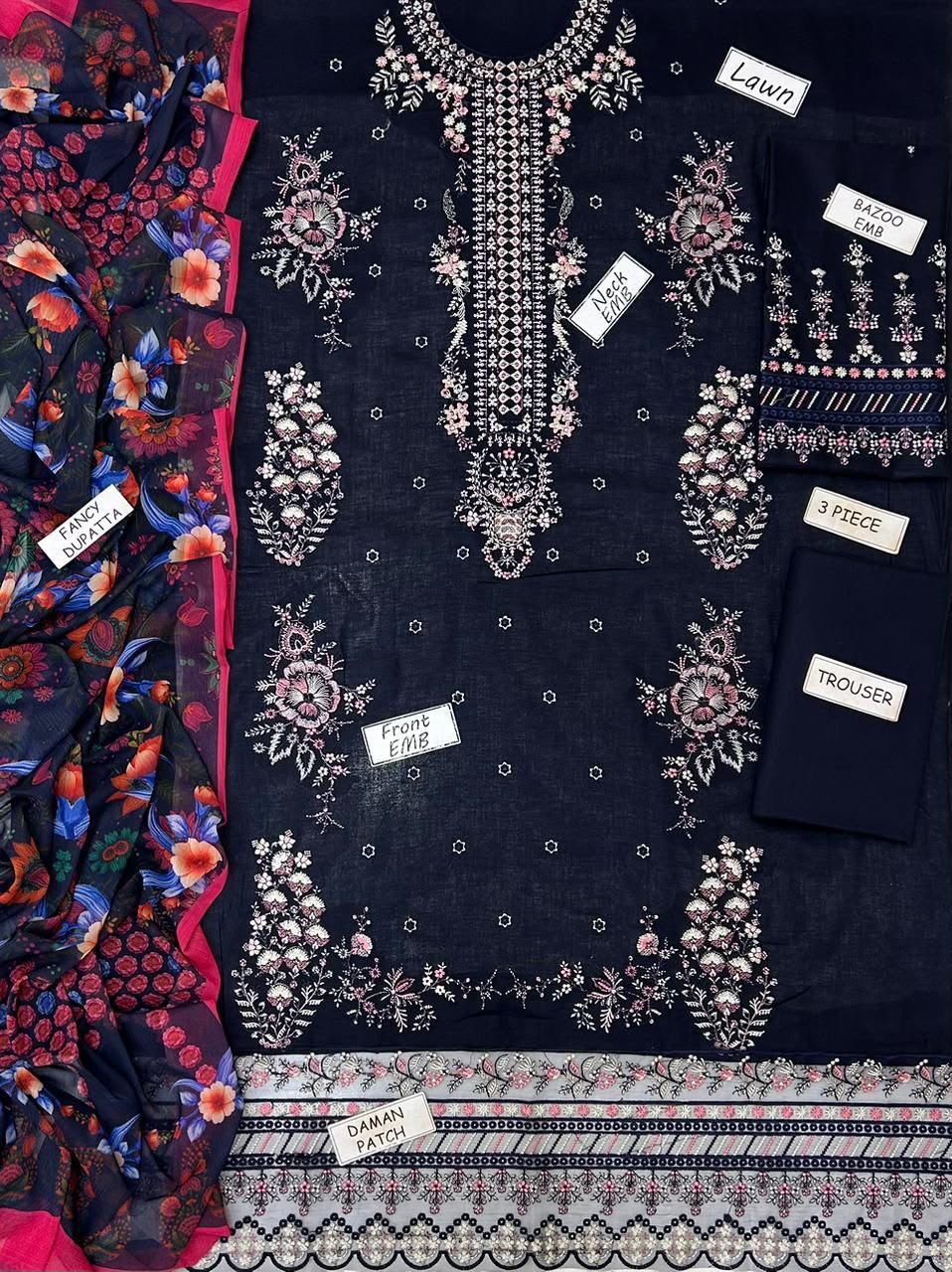 Hussain Rehar Embroidered Lawn 3-Piece Suit - Image 3