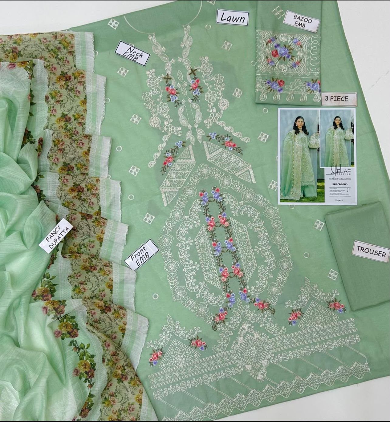 IELAF Embroidered Lawn 3-Piece Suit – Pista Green - Image 5