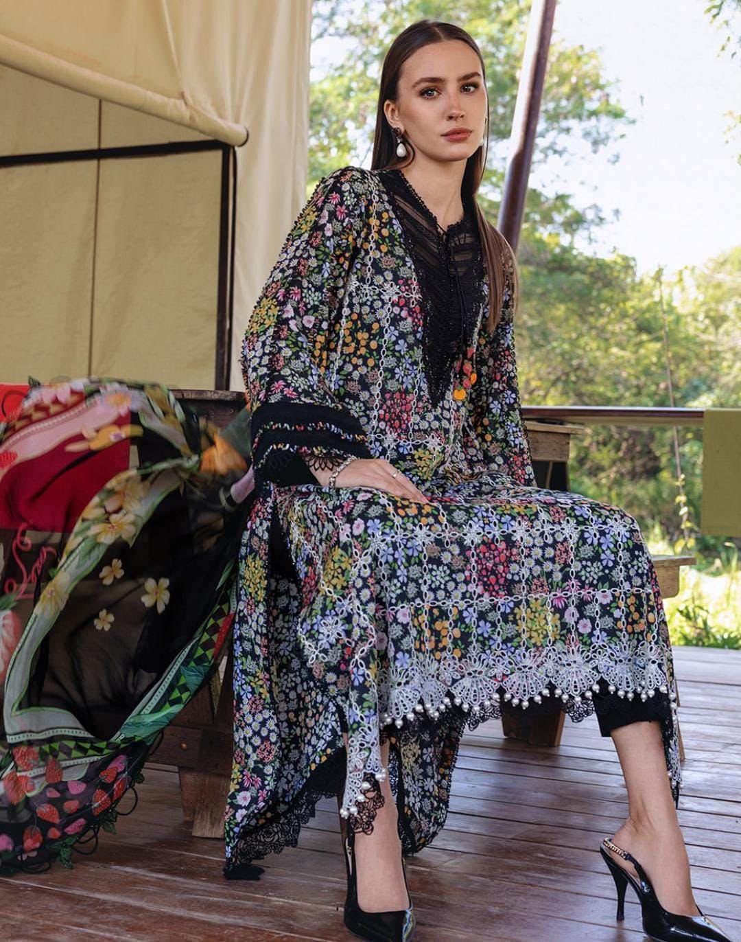 Maria B Digital Printed Lawn 3-Piece Suit – Black Floral - Image 2