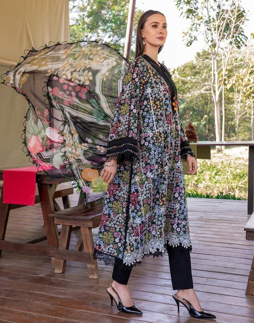 Maria B Digital Printed Lawn 3-Piece Suit – Black Floral - Image 3
