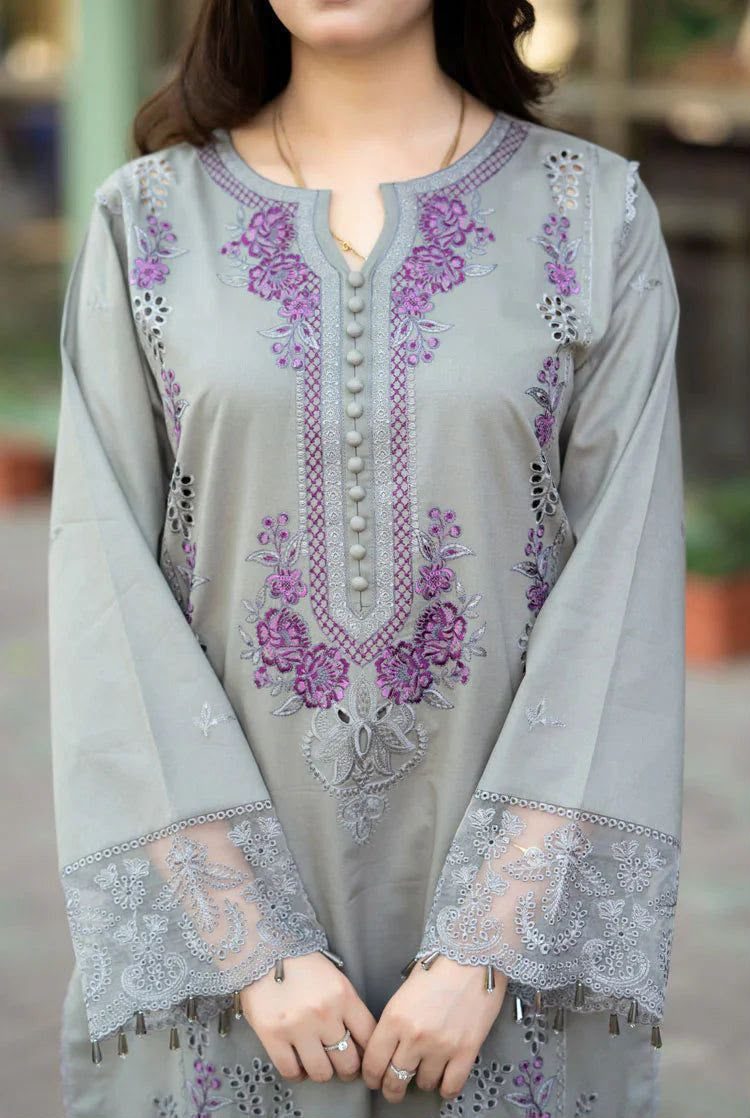 Mushq Embroidered Lawn 3-Piece Suit – Grey - Image 3