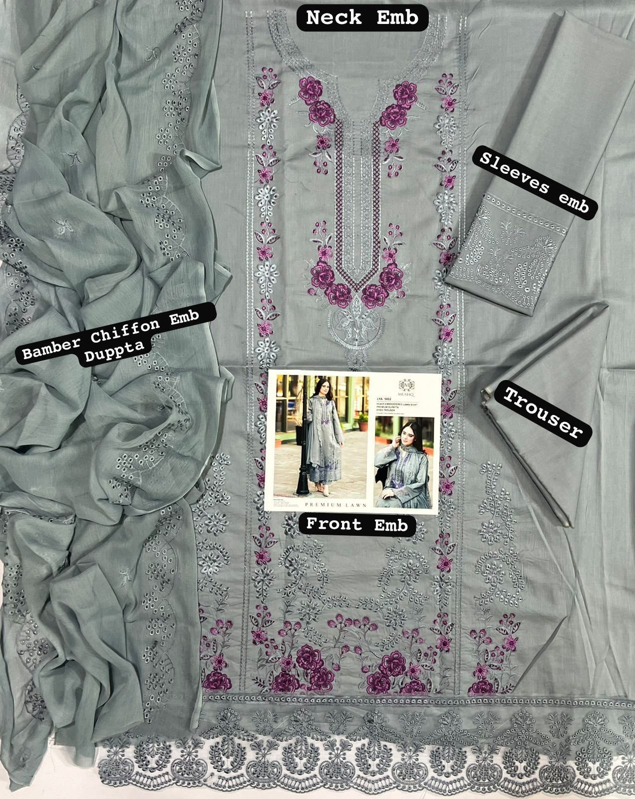 Mushq Embroidered Lawn 3-Piece Suit – Grey - Image 5