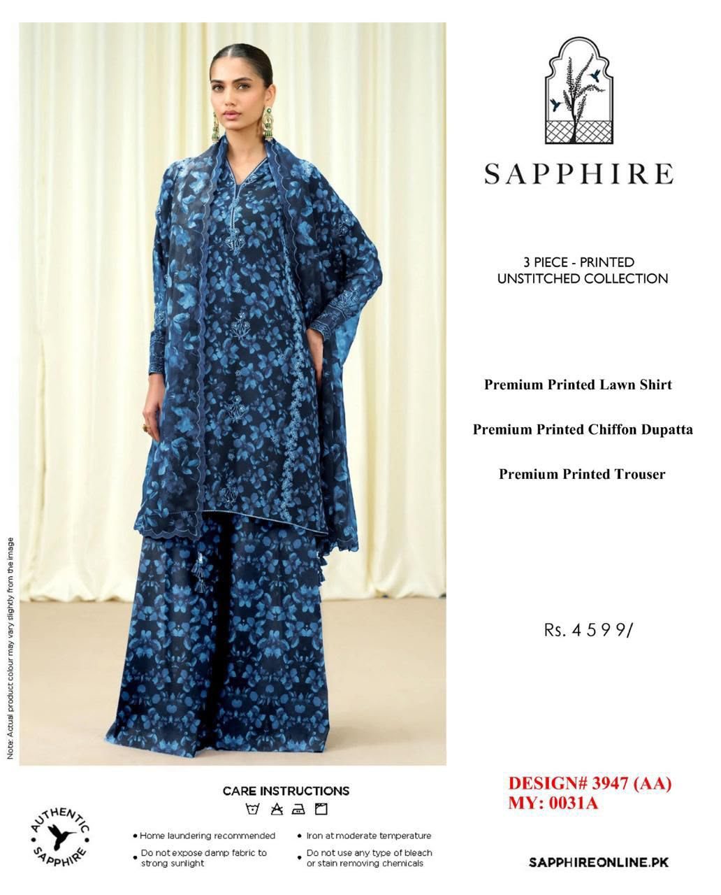 Sapphire Digital Printed Lawn 3-Piece Suit – Navy Bloom