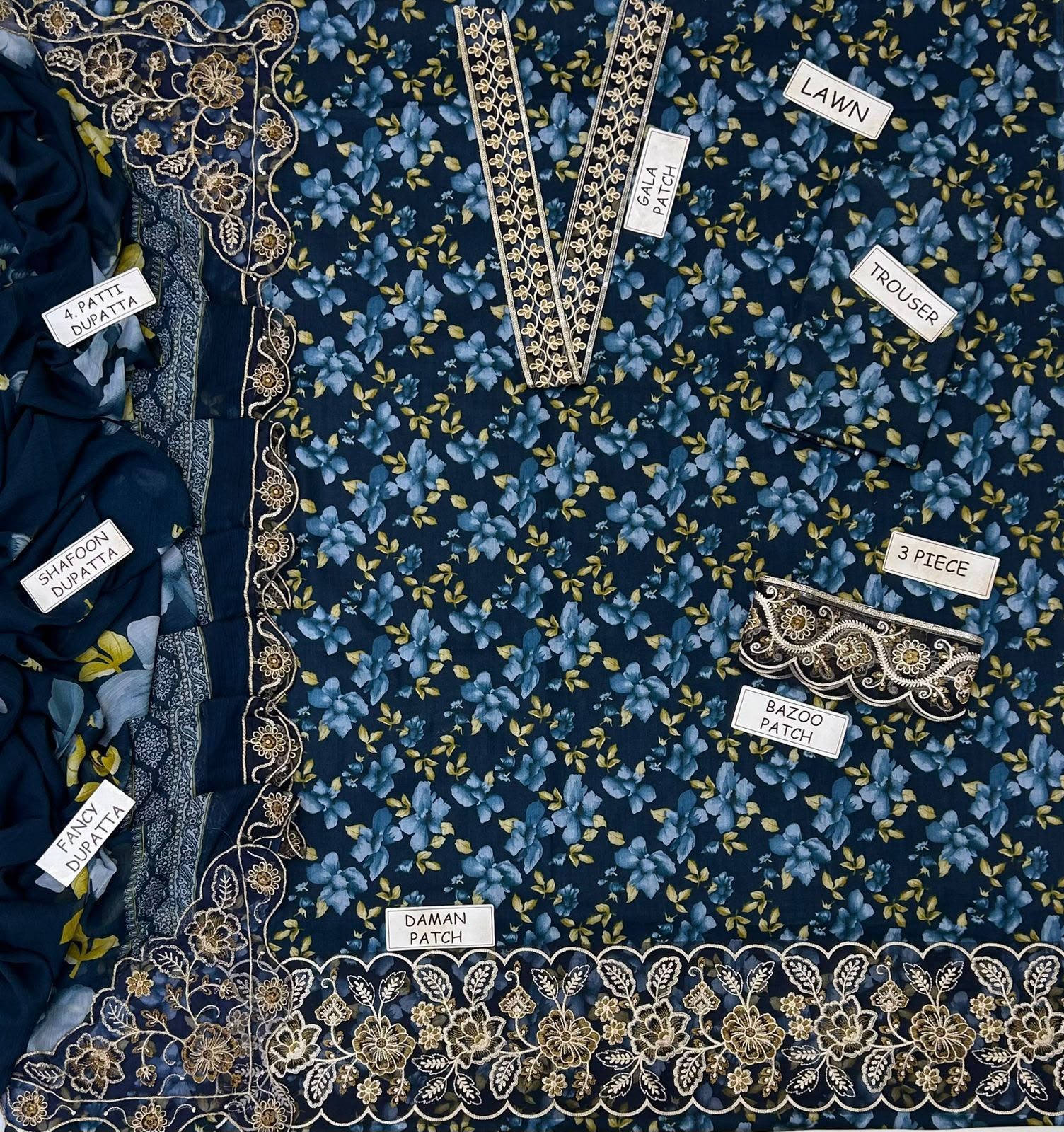 Sapphire Digital Printed Lawn 3-Piece Suit – Navy Bloom - Image 2