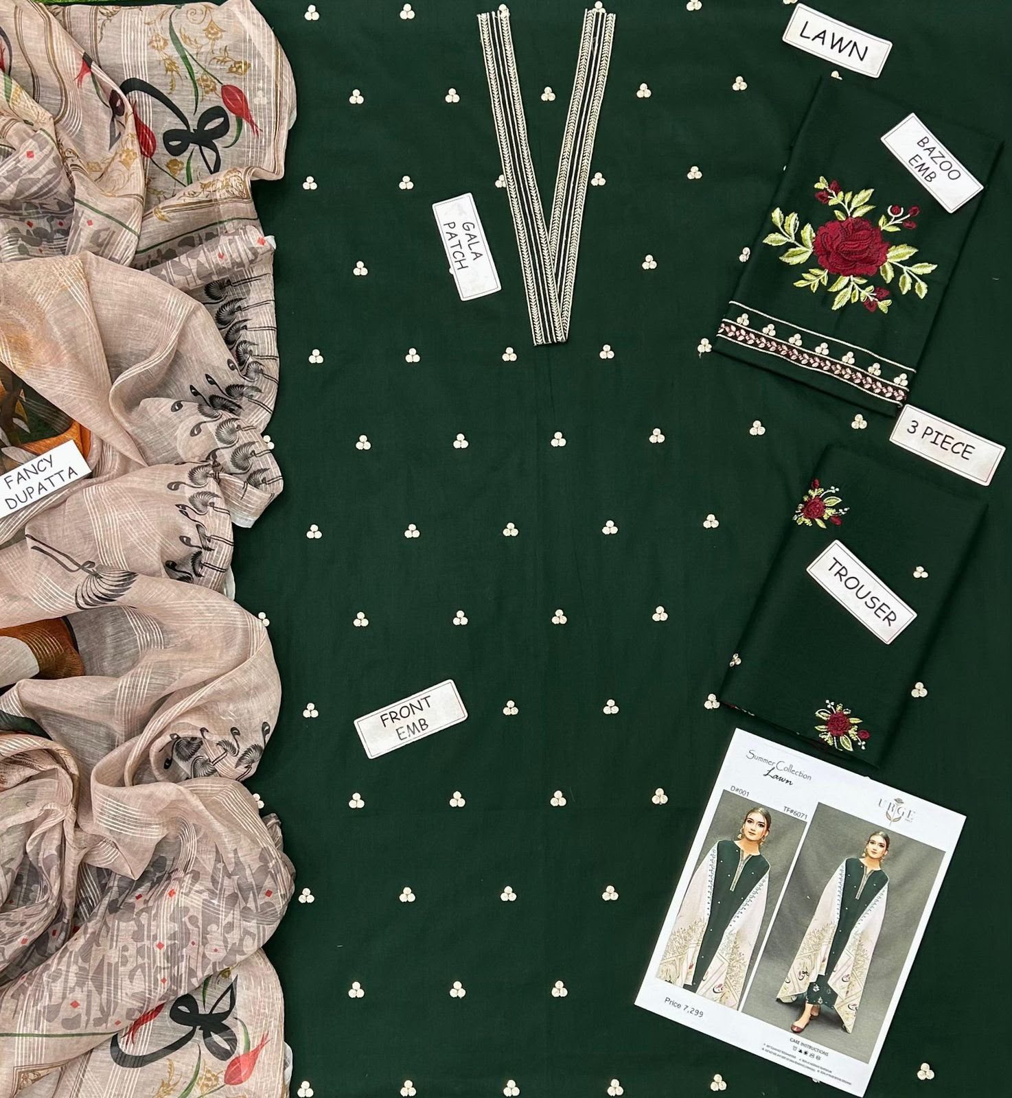 URGE Embroidered Lawn 3-Piece Suit – Emerald
